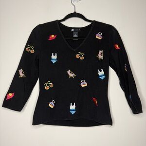 CAROLE LITTLE Fun Novelty Summer Print Embroidered Black Knit Longsleeve Top